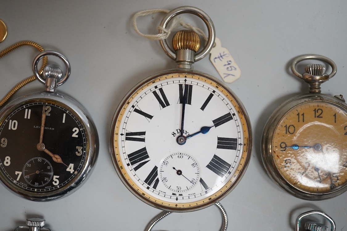 Eight assorted base metal pocket watches including 8 days, case diameter 65mm, a chrome cased Leonidas military, Ingersoll, Sekonda etc.